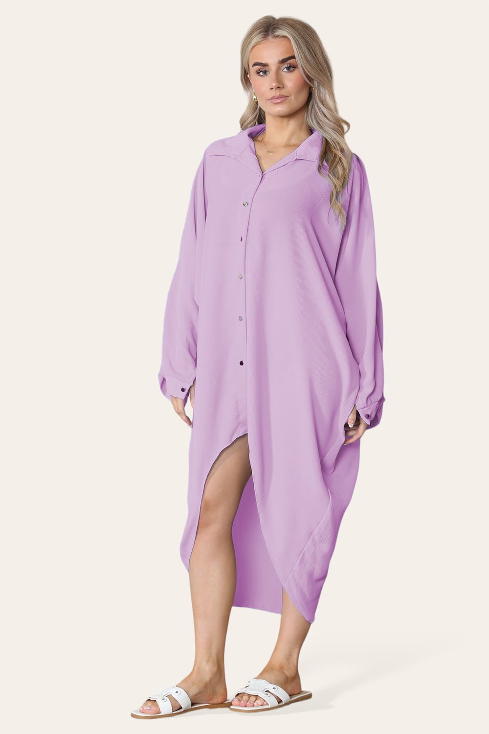 High-Low Oversized Button Long Top Shirt Dress with Hem and Long Sleeves - MultiTrends Limited