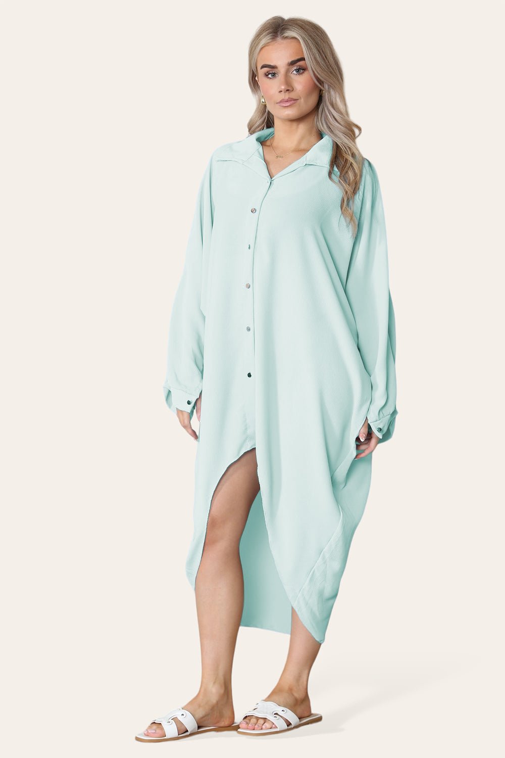 High-Low Oversized Button Long Top Shirt Dress with Hem and Long Sleeves - MultiTrends Limited