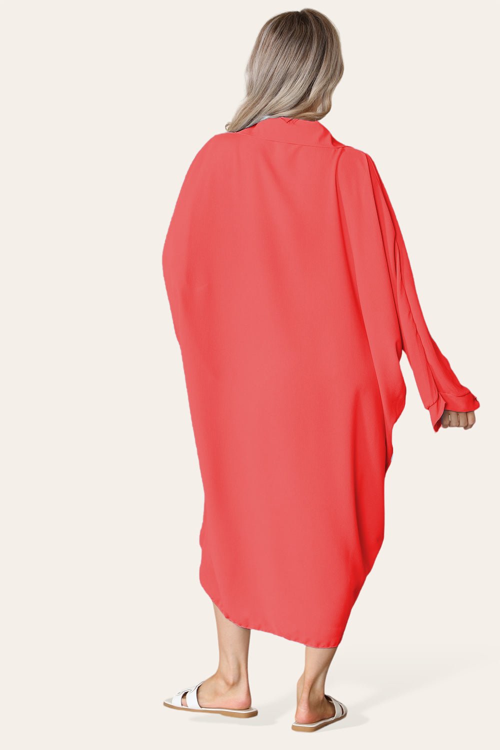 High-Low Oversized Button Long Top Shirt Dress with Hem and Long Sleeves - MultiTrends Limited