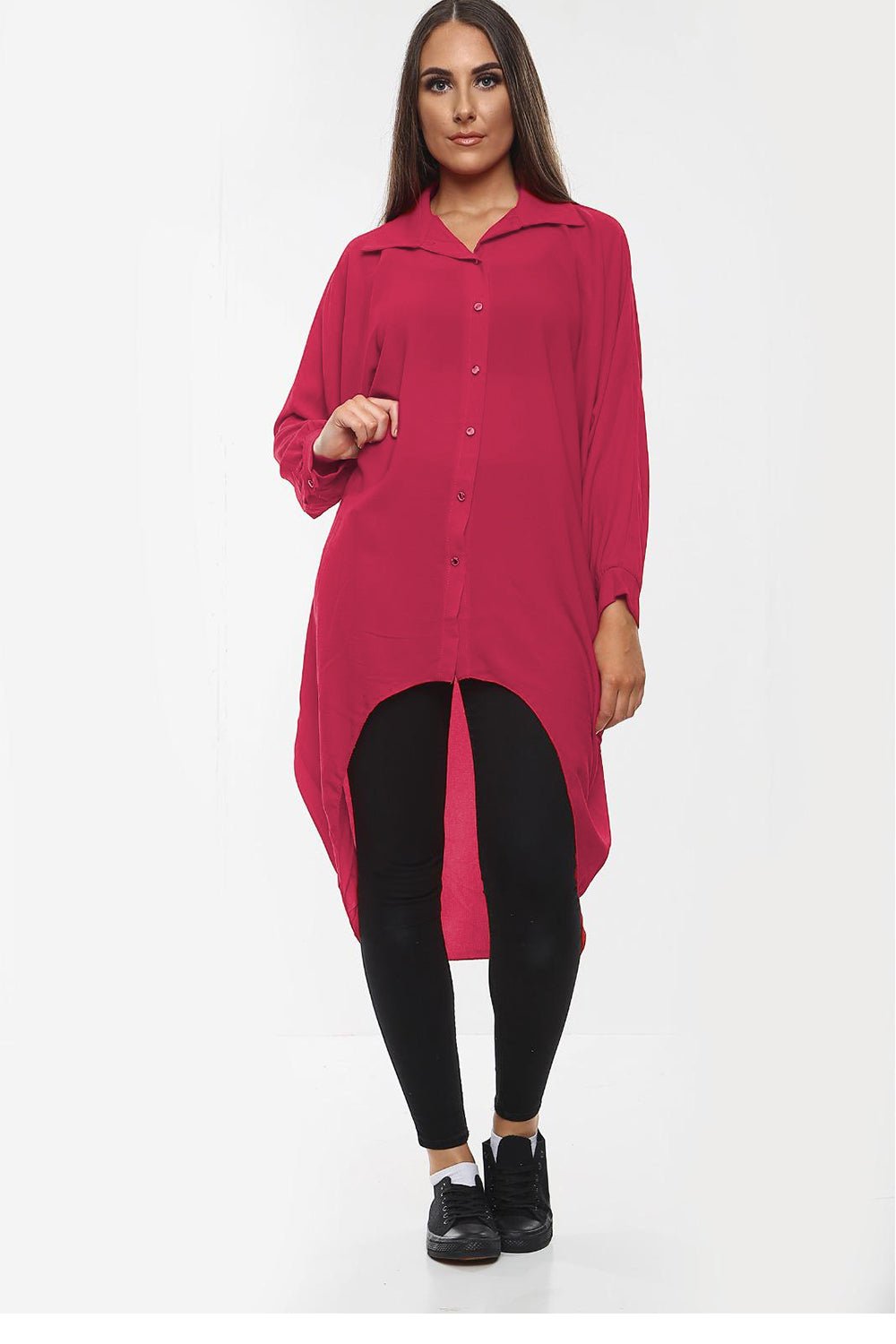 High-Low Oversized Button Long Top Shirt Dress with Hem and Long Sleeves - MultiTrends Limited