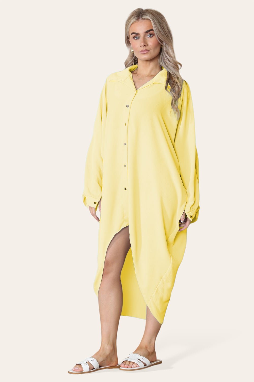 High-Low Oversized Button Long Top Shirt Dress with Hem and Long Sleeves - MultiTrends Limited