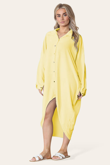 High-Low Oversized Button Long Top Shirt Dress with Hem and Long Sleeves - MultiTrends Limited