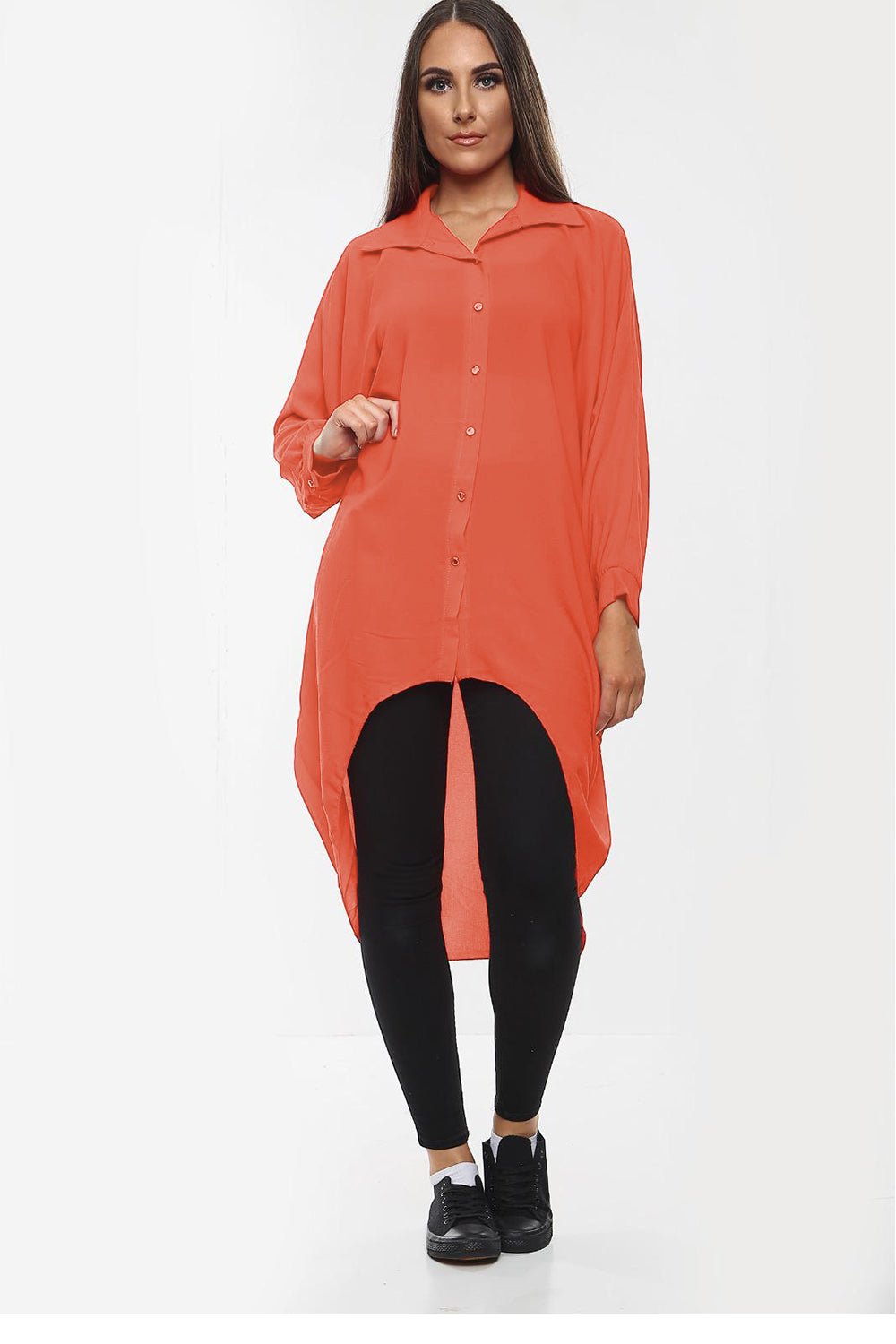 High-Low Oversized Button Long Top Shirt Dress with Hem and Long Sleeves - MultiTrends Limited