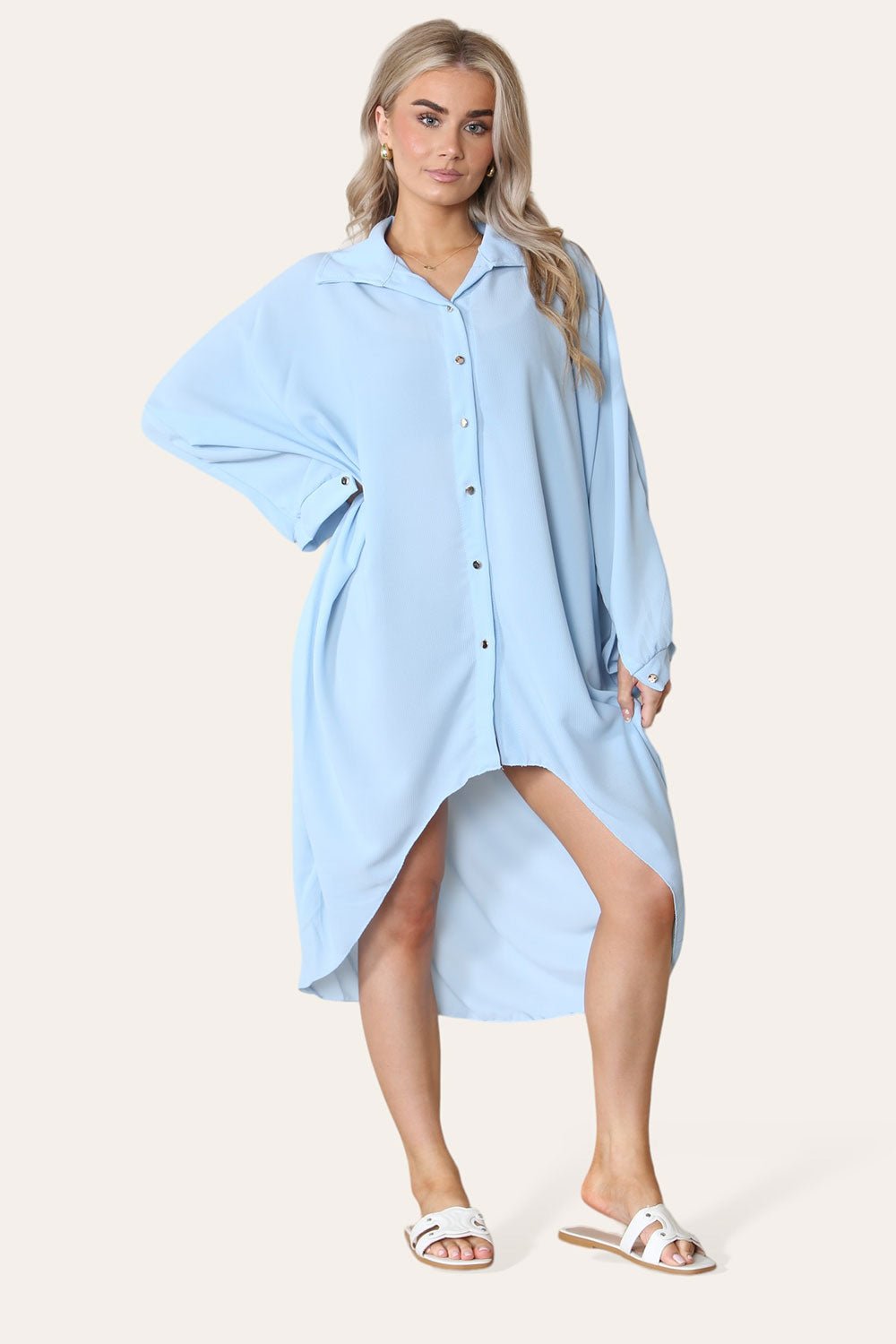 High-Low Oversized Button Long Top Shirt Dress with Hem and Long Sleeves - MultiTrends Limited