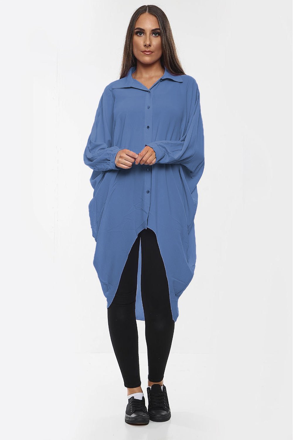 High-Low Oversized Button Long Top Shirt Dress with Hem and Long Sleeves - MultiTrends Limited
