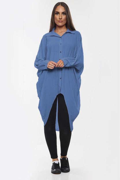 High-Low Oversized Button Long Top Shirt Dress with Hem and Long Sleeves - MultiTrends Limited