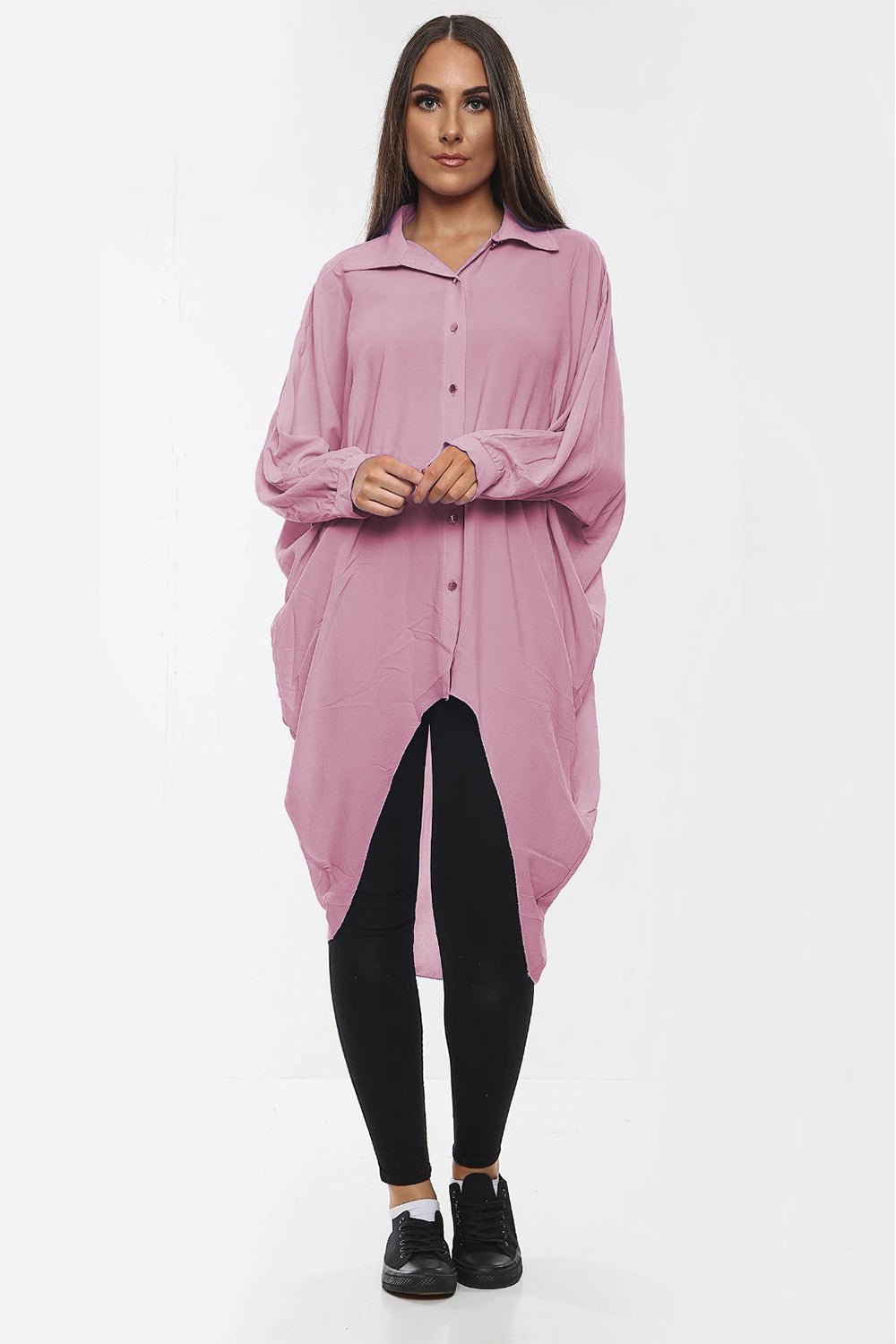High-Low Oversized Button Long Top Shirt Dress with Hem and Long Sleeves - MultiTrends Limited