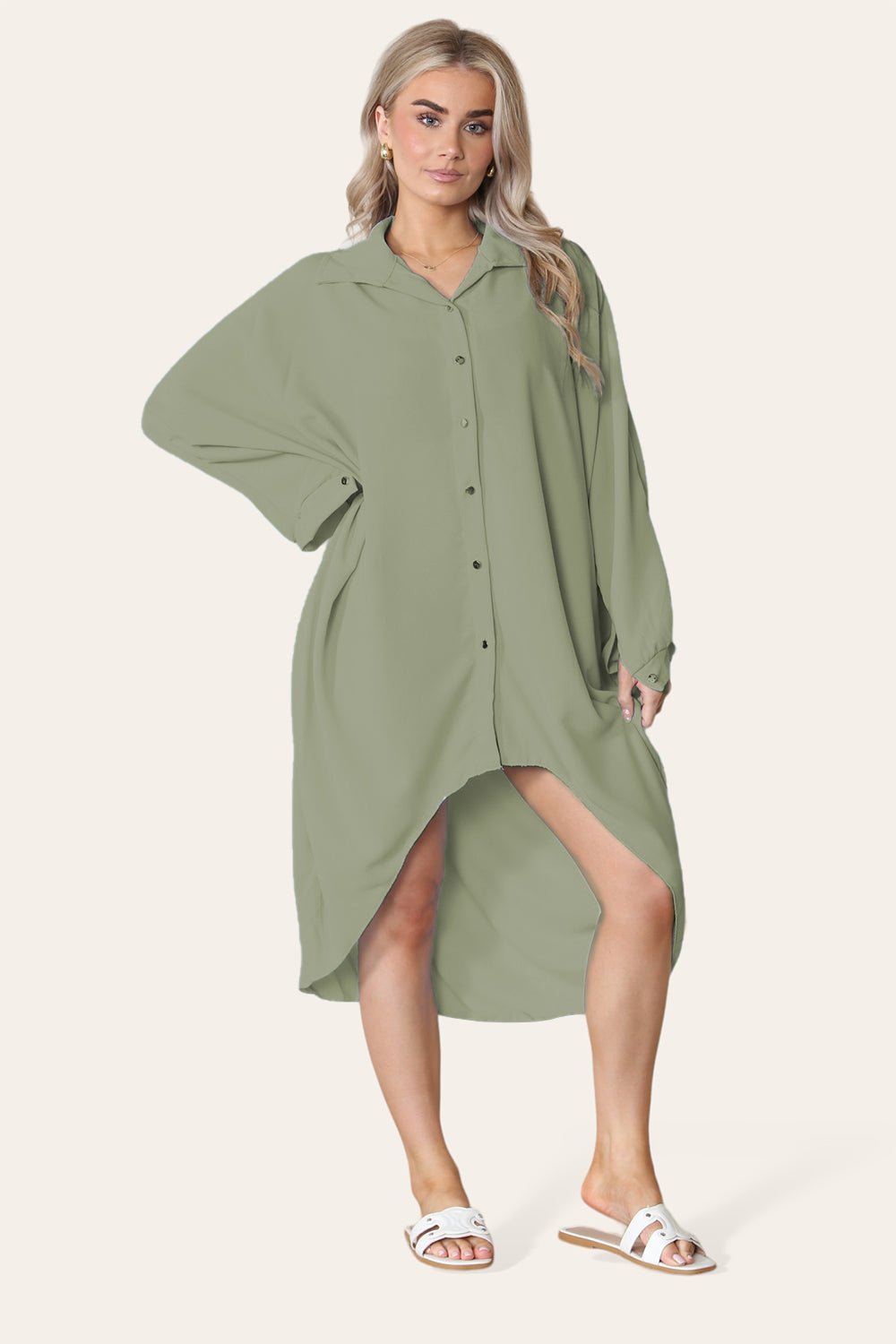 High-Low Oversized Button Long Top Shirt Dress with Hem and Long Sleeves - MultiTrends Limited