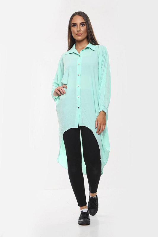 High-Low Oversized Button Long Top Shirt Dress with Hem and Long Sleeves - Multi Trends