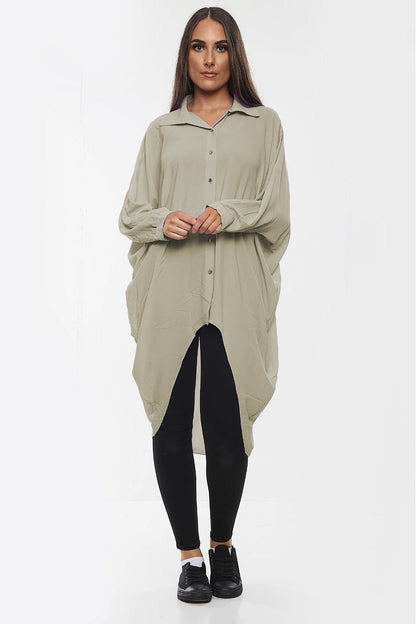 High-Low Oversized Button Long Top Shirt Dress with Hem and Long Sleeves - MultiTrends Limited