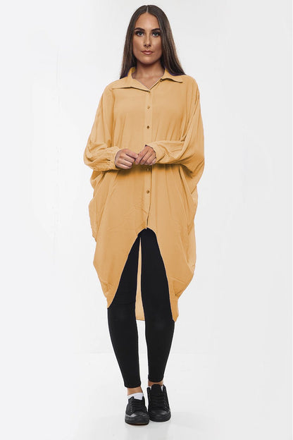 High-Low Oversized Button Long Top Shirt Dress with Hem and Long Sleeves - MultiTrends Limited