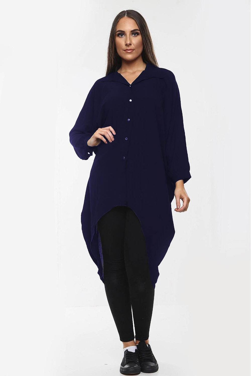 High-Low Oversized Button Long Top Shirt Dress with Hem and Long Sleeves - MultiTrends Limited