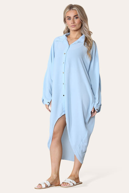 High-Low Oversized Button Long Top Shirt Dress with Hem and Long Sleeves - MultiTrends Limited