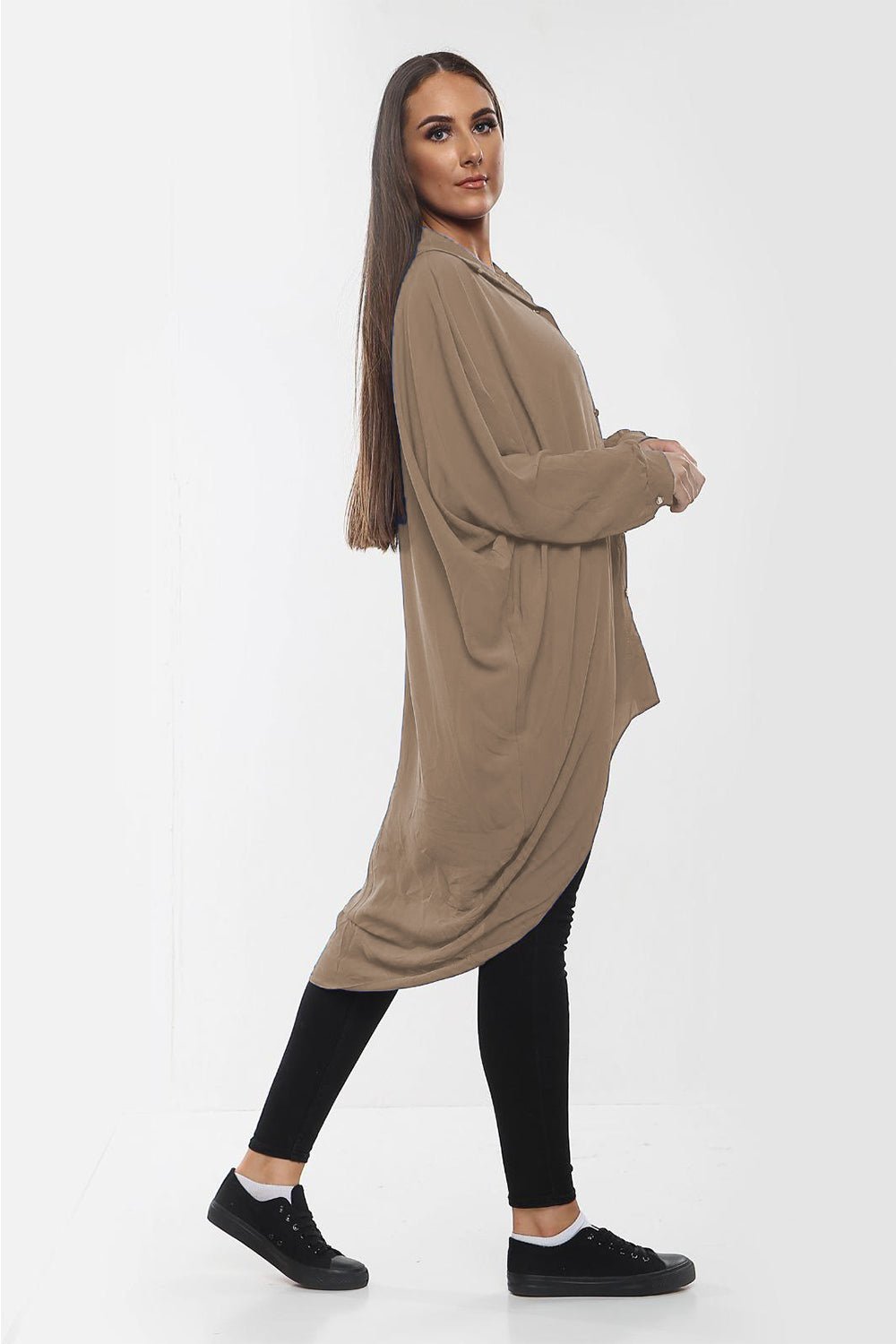 High-Low Oversized Button Long Top Shirt Dress with Hem and Long Sleeves - MultiTrends Limited