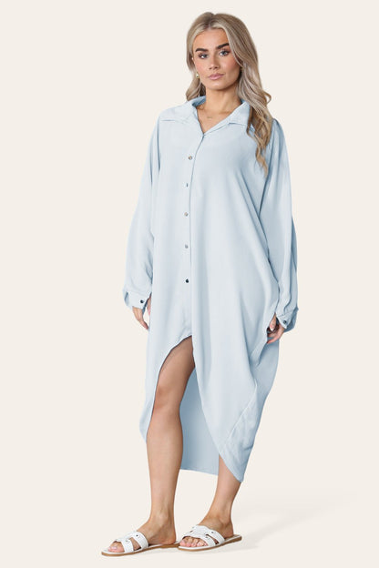 High-Low Oversized Button Long Top Shirt Dress with Hem and Long Sleeves - MultiTrends Limited