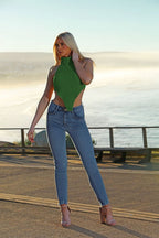 High Neck Roll Knitted Backless Front Cropped Top - Multi Trends