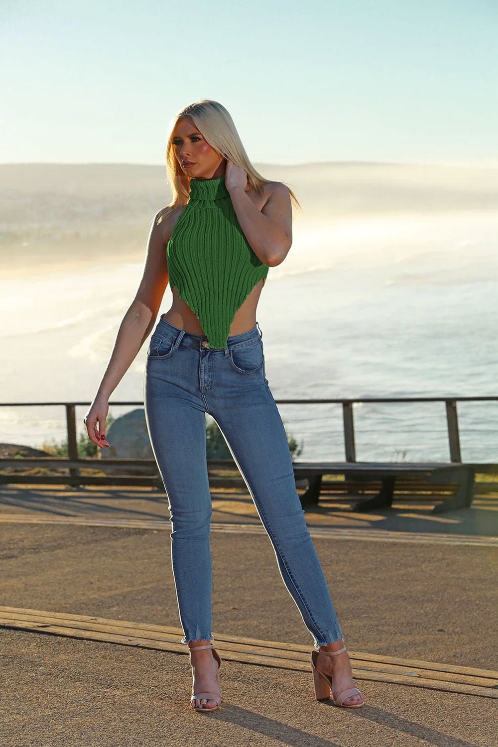 High Neck Roll Knitted Backless Front Cropped Top - Multi Trends