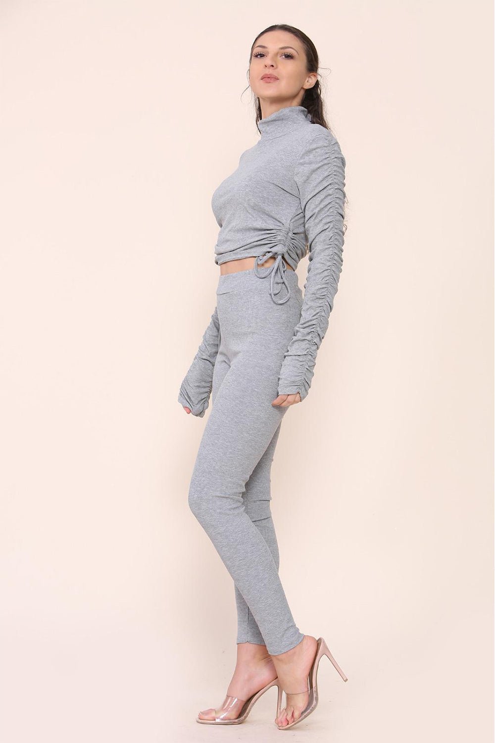 High Neck Ruched Side Arm Solid Drawstrings Ribbed Tee and Leggings set - Multi Trends