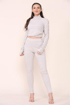 High Neck Ruched Side Arm Solid Drawstrings Ribbed Tee and Leggings set - Multi Trends