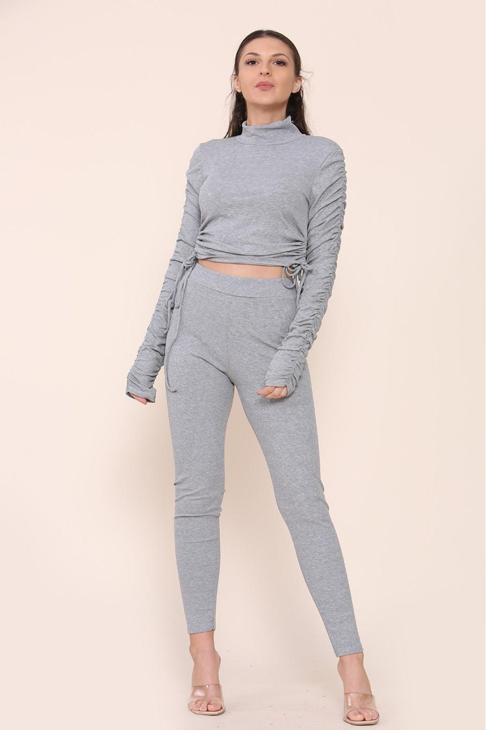 High Neck Ruched Side Arm Solid Drawstrings Ribbed Tee and Leggings set - Multi Trends