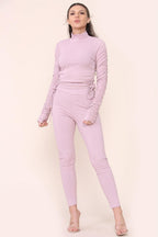 High Neck Ruched Side Arm Solid Drawstrings Ribbed Tee and Leggings set - Multi Trends