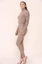 High Neck Ruched Side Arm Solid Drawstrings Ribbed Tee and Leggings set - Multi Trends