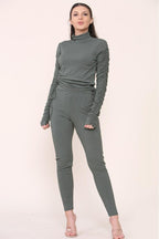 High Neck Ruched Side Arm Solid Drawstrings Ribbed Tee and Leggings set - Multi Trends