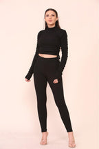 High Neck Ruched Side Arm Solid Drawstrings Ribbed Tee and Leggings set - Multi Trends