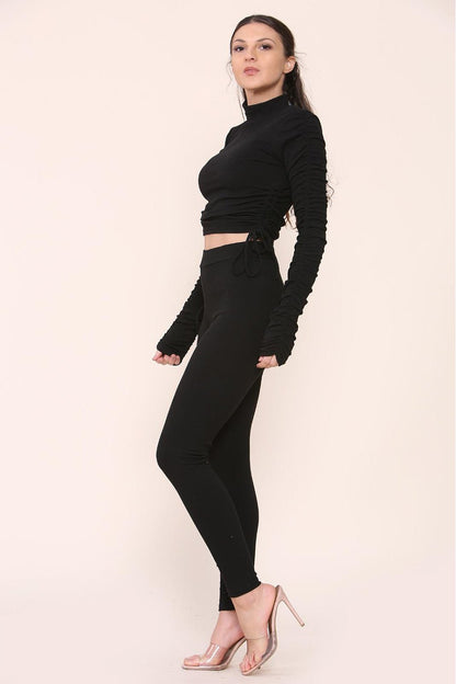 High Neck Ruched Side Arm Solid Drawstrings Ribbed Tee and Leggings set - Multi Trends
