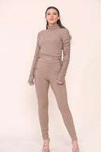 High Neck Ruched Side Arm Solid Drawstrings Ribbed Tee and Leggings set - Multi Trends
