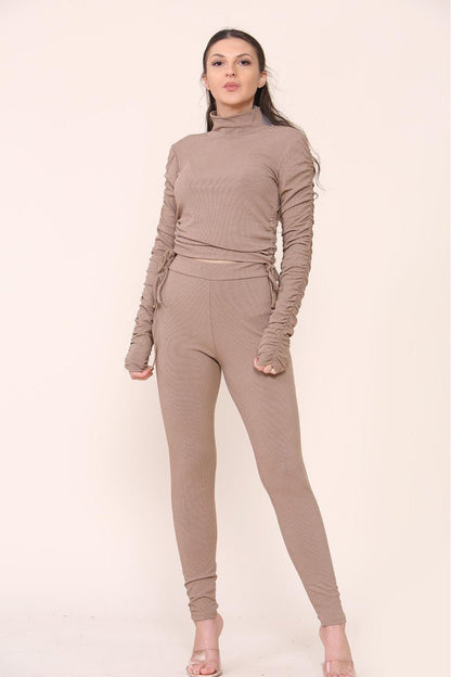 High Neck Ruched Side Arm Solid Drawstrings Ribbed Tee and Leggings set - Multi Trends