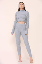 High Neck Ruched Side Arm Solid Drawstrings Ribbed Tee and Leggings set - Multi Trends