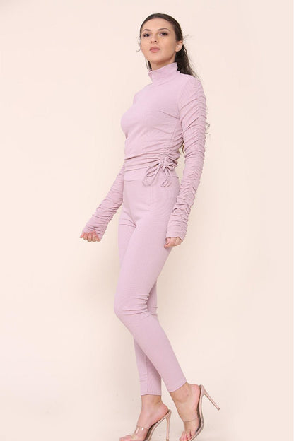 High Neck Ruched Side Arm Solid Drawstrings Ribbed Tee and Leggings set - Multi Trends
