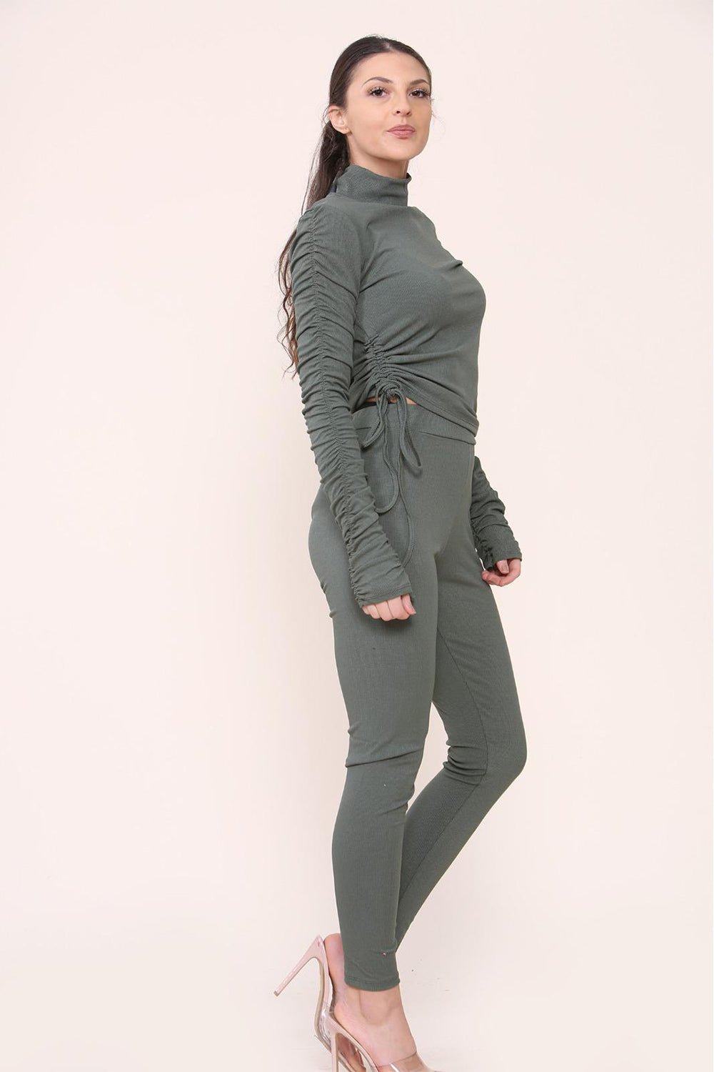 High Neck Ruched Side Arm Solid Drawstrings Ribbed Tee and Leggings set - Multi Trends