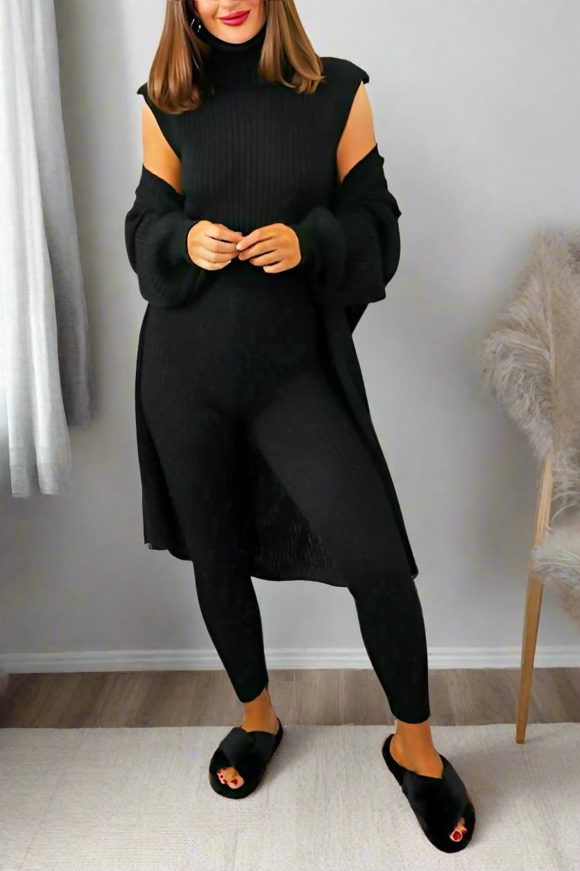Ladies 3 Piece Suit Roll Neck Chunky Knitted Ribbed Tracksuit Lounge Set - MultiTrends Limited