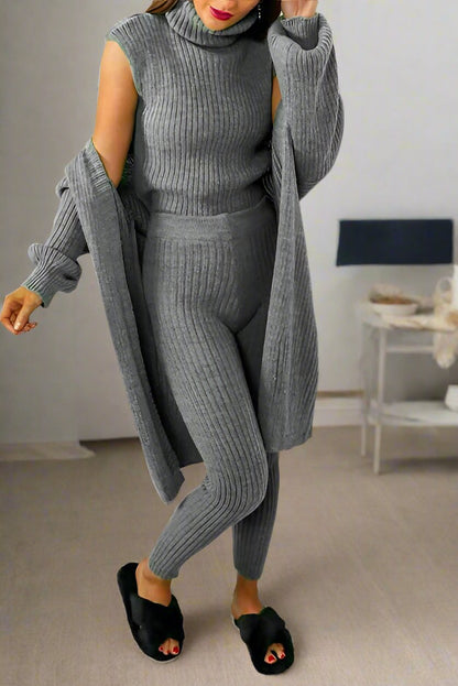 Ladies 3 Piece Suit Roll Neck Chunky Knitted Ribbed Tracksuit Lounge Set - MultiTrends Limited