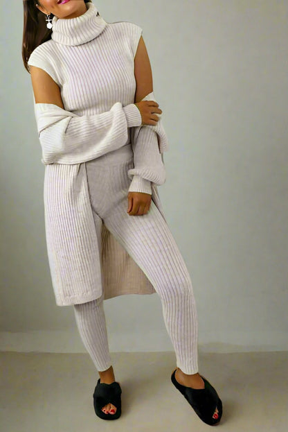 Ladies 3 Piece Suit Roll Neck Chunky Knitted Ribbed Tracksuit Lounge Set - MultiTrends Limited