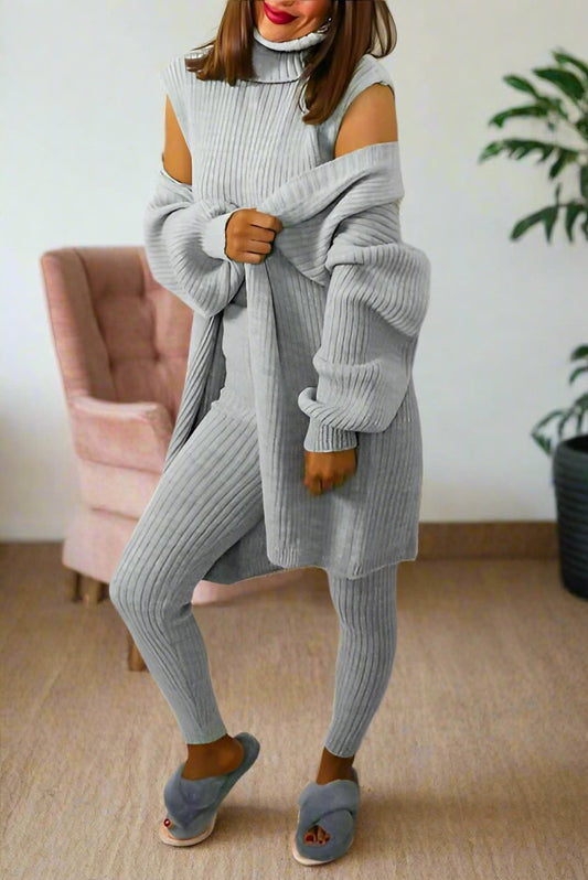 Ladies 3 Piece Suit Roll Neck Chunky Knitted Ribbed Tracksuit Lounge Set - MultiTrends Limited