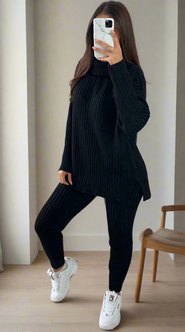 Ladies Chunky Knitted Ribbed Polo High Neck Top Leggings Loungewear Suit Set - MultiTrends Limited