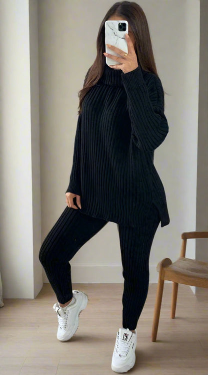 Ladies Chunky Knitted Ribbed Polo High Neck Top Leggings Loungewear Suit Set - MultiTrends Limited