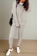 Ladies Chunky Knitted Ribbed Polo High Neck Top Leggings Loungewear Suit Set - MultiTrends Limited
