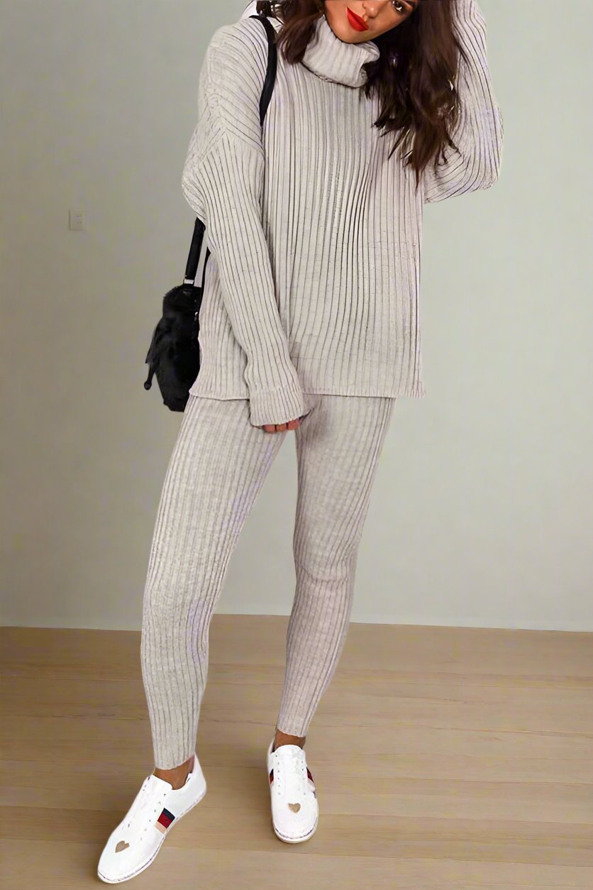 Ladies Chunky Knitted Ribbed Polo High Neck Top Leggings Loungewear Suit Set - MultiTrends Limited