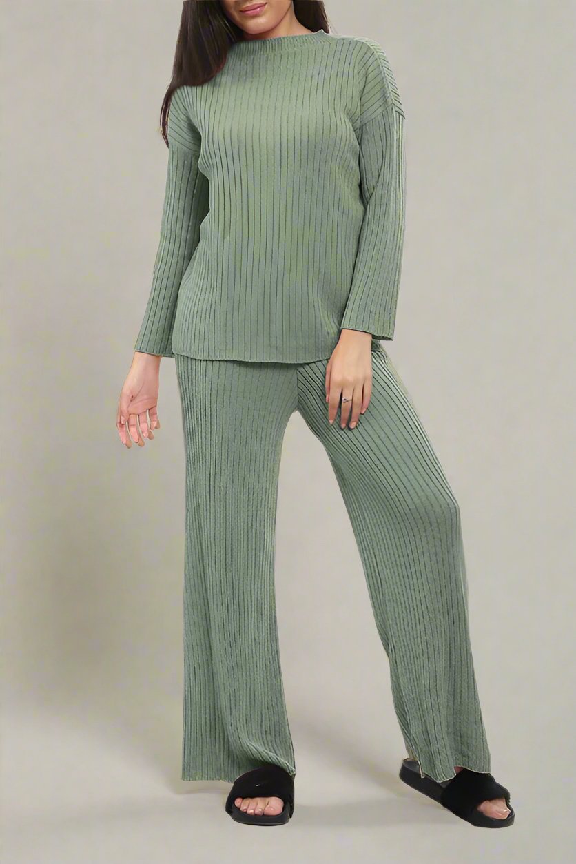 Ladies Chunky Knitted Ribbed Polo High Neck Top Leggings Loungewear Suit Set - MultiTrends Limited