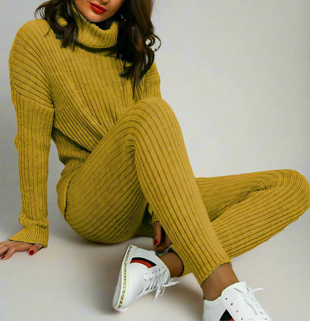 Ladies Chunky Knitted Ribbed Polo High Neck Top Leggings Loungewear Suit Set - MultiTrends Limited