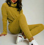 Ladies Chunky Knitted Ribbed Polo High Neck Top Leggings Loungewear Suit Set - MultiTrends Limited