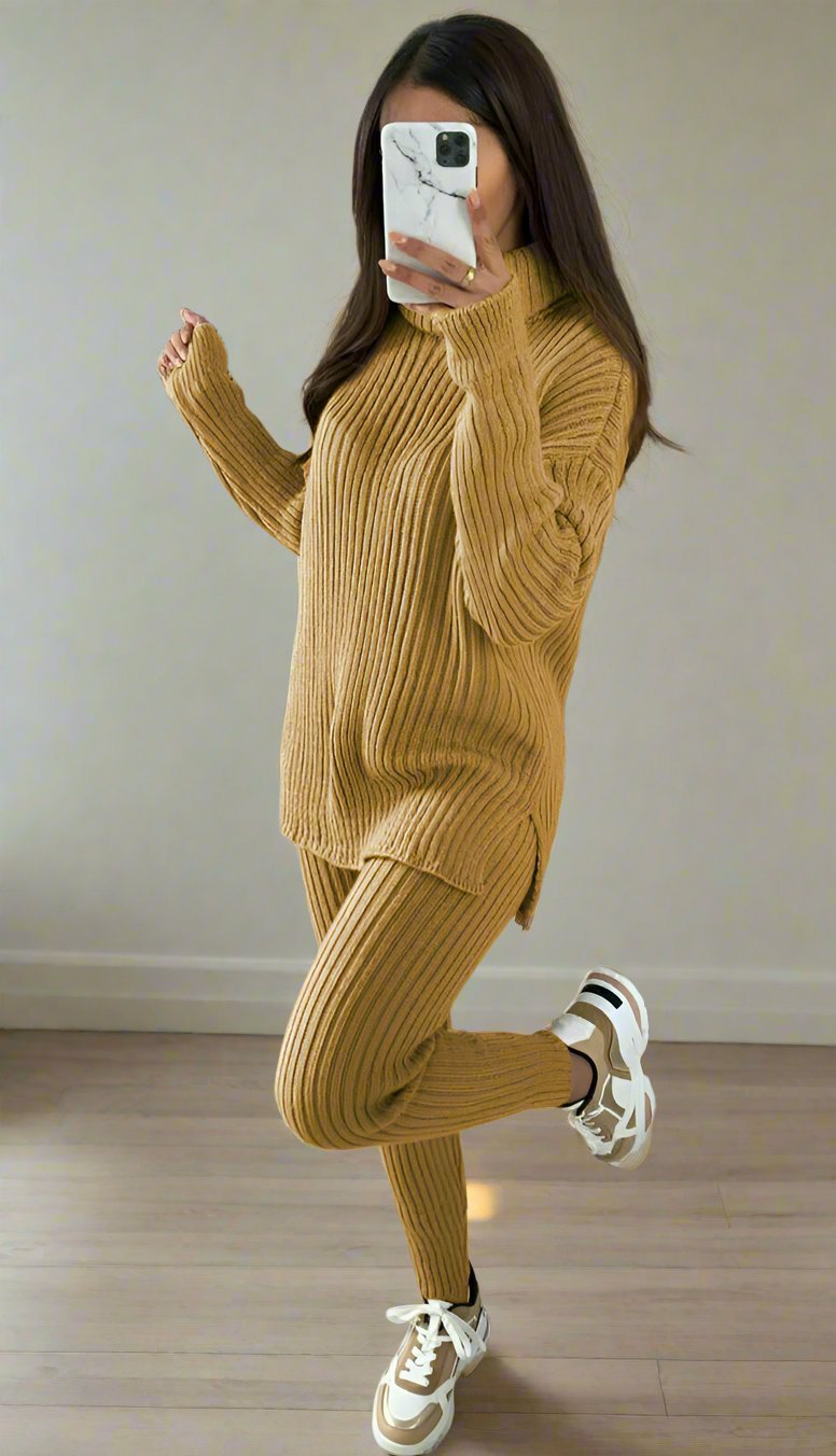 Ladies Chunky Knitted Ribbed Polo High Neck Top Leggings Loungewear Suit Set - MultiTrends Limited