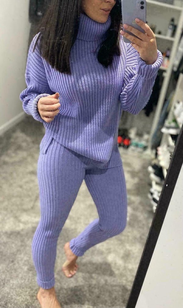 Ladies Chunky Knitted Ribbed Polo High Neck Top Leggings Loungewear Suit Set - MultiTrends Limited
