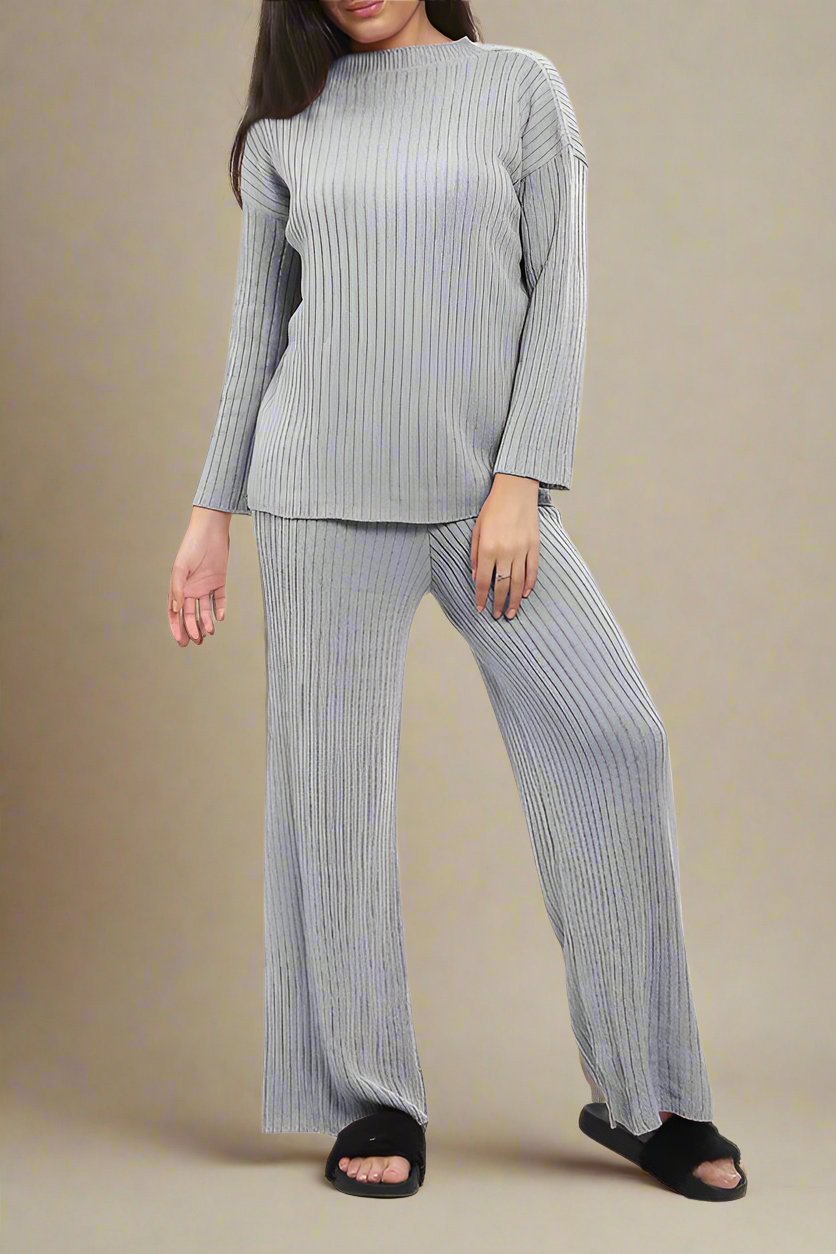 Ladies Chunky Knitted Ribbed Polo High Neck Top Leggings Loungewear Suit Set - MultiTrends Limited