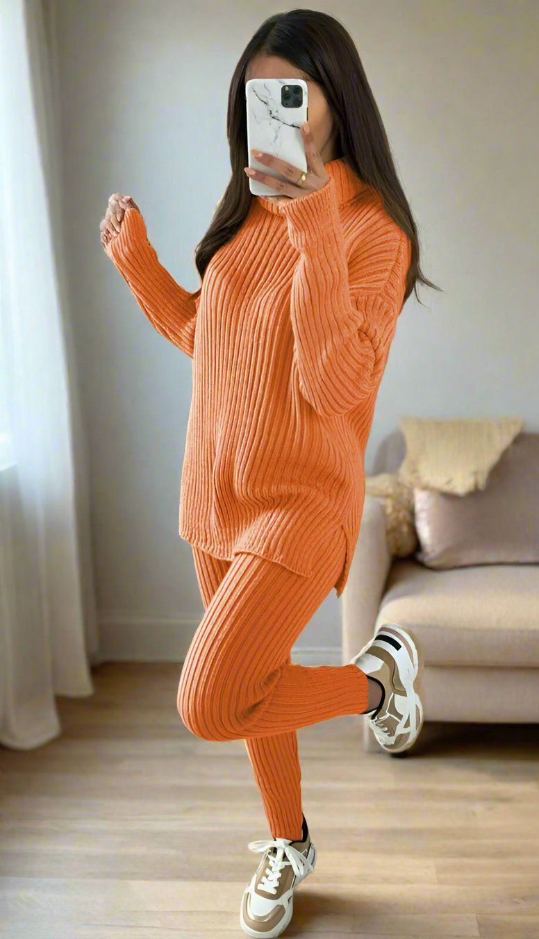 Ladies Chunky Knitted Ribbed Polo High Neck Top Leggings Loungewear Suit Set - MultiTrends Limited