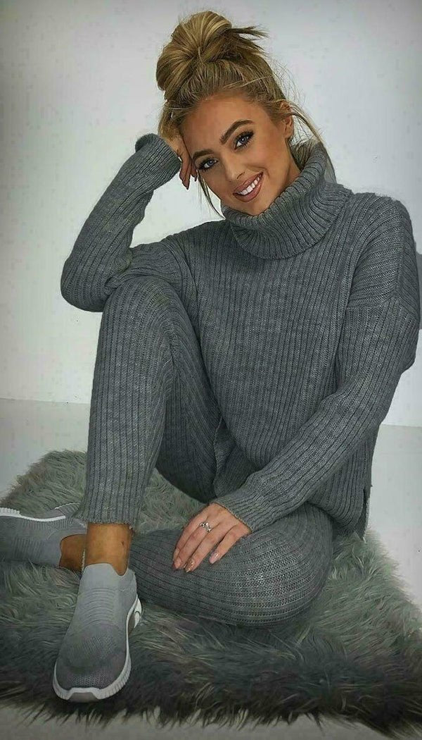 Ladies Chunky Knitted Ribbed Polo High Neck Top Leggings Loungewear Suit Set - MultiTrends Limited